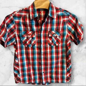 Mountain Hardwear Shirt Men Large Blue White Red Plaid Pearl‎ Snap Short Sleeve.